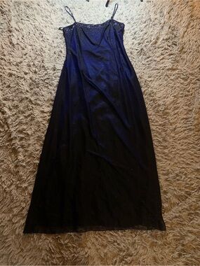 Vintage Y2K Cache Dress blue iridescent  beaded spaghetti strap maxi dress sz 14